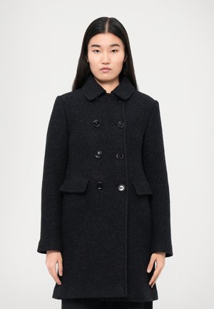 Dark wool pea coat with a notched collar, double-breasted buttons, and two front pockets. Features a textured fabric and tailored fit.