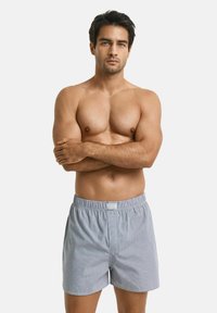 Boxers en coton avec un motif à rayures bleues et blanches, ceinture élastique et une petite étiquette de marque à l'avant. Longueur mi-cuisse.