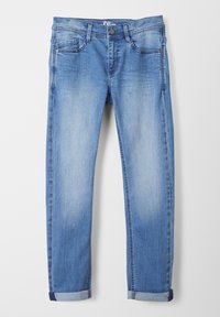 Jeans de denim azul claro con corte recto, cinco bolsillos, puños doblados y un ligero desgastado. Presenta herrajes en bronce y una cinturilla cosida.