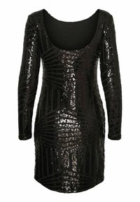 Robe noire à sequins avec un décolleté arrondi, des manches longues et une silhouette cintrée. Présente des motifs géométriques formés par les sequins. Texture douce.