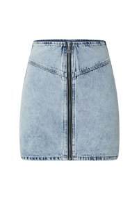 Lichtblauwe denim minirok met een vooraanlopende rits, hoge taille en schone randen met minimale vervaging en subtiele stikdetails.
