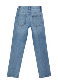 Jean en denim bleu clair avec une coupe droite, un design à cinq poches, des détails de surpiqûres et une taille dotée passants de ceinture.