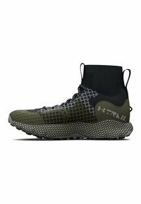 Green and black athletic shoes with a textured mesh upper, high ankle design, and patterned sole. Features include a pull tab and logo accents.