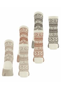 Set aus vier gemusterten Socken in Creme-, Braun- und Rosttönen. Jedes Paar verfügt über verschiedene geometrische Designs und strukturierte Bündchen.