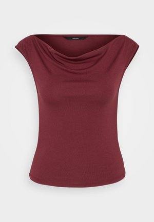 Sleeveless burgundy top with a draped neckline and fitted waist, shown against a plain white background.