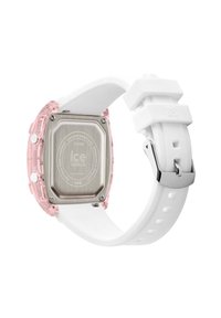 Boîtier de montre en plastique transparent de couleur rose clair avec un dos en métal. Bracelet en silicone blanc avec une boucle en argent et deux boutons blancs sur le côté.