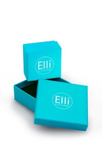 Turquoise kartonnen geschenkdoos met een deksel, met een wit logo "Elli by Julie & Grace." De binnenkant is gevoerd met donkergroen materiaal.