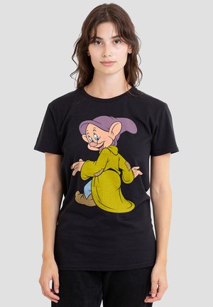 Black cotton t-shirt featuring a colorful cartoon character design in front, with a round neck and short sleeves.