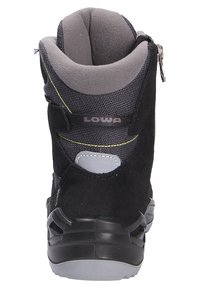 Zwarte en grijze wandelschoen met een bovenwerk van suède en mesh, ritsluiting, gevoerde kraag en een gevormde rubberen zool met groeves voor grip.
