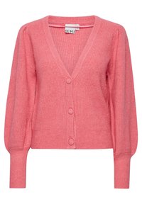 Cárdigan de punto rosa con botones en la parte delantera, escote en V y mangas abullonadas. Tejido suave y texturizado con un largo ligeramente corto.