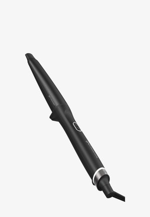 Baguette à friser noire effilée avec bouton d'alimentation et cordon, conçue pour coiffer les cheveux.