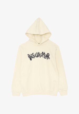 Felpa crema con cappuccio regolabile, caratterizzata da un grande grafico nero "Disclaimer" sulla parte anteriore. Tessuto morbido e texturizzato.