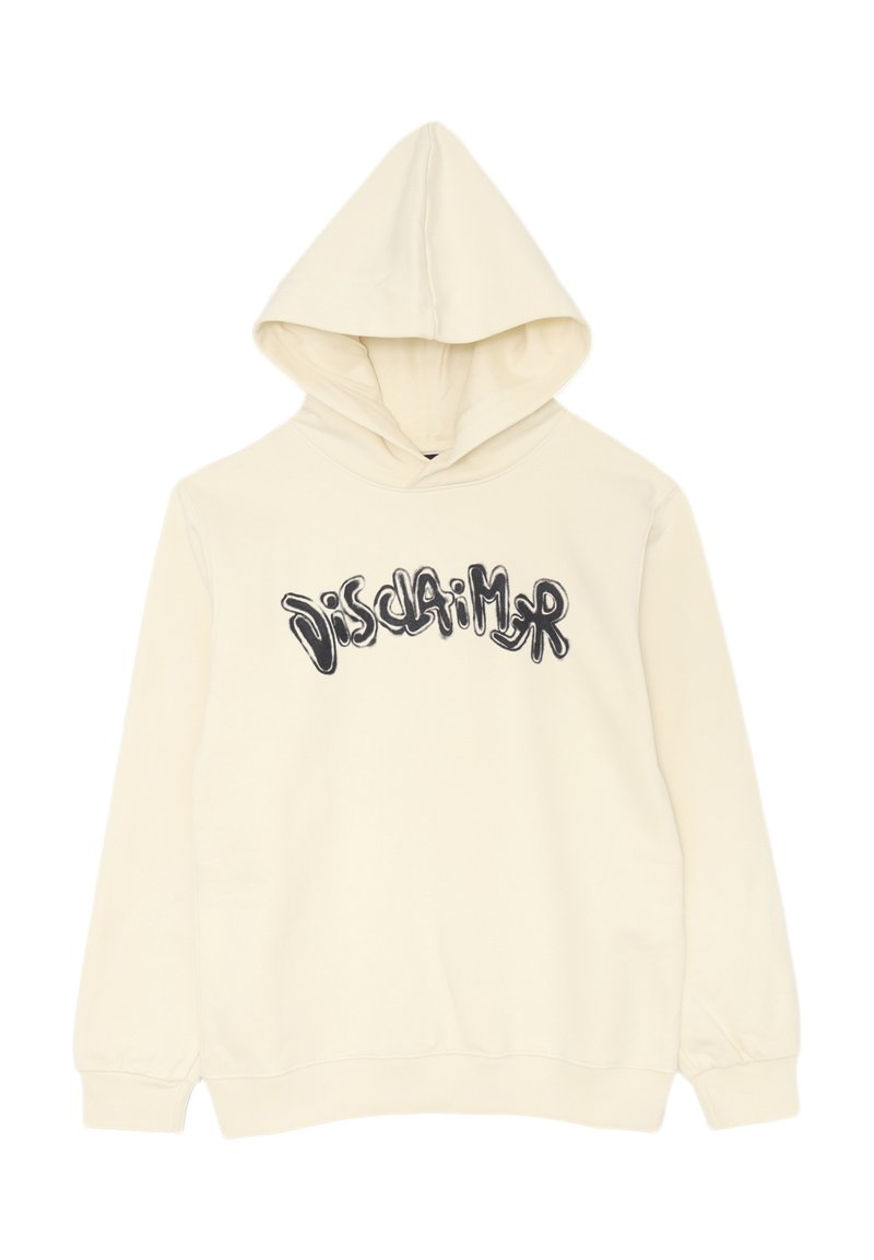 Felpa crema con cappuccio regolabile, caratterizzata da un grande grafico nero "Disclaimer" sulla parte anteriore. Tessuto morbido e texturizzato.