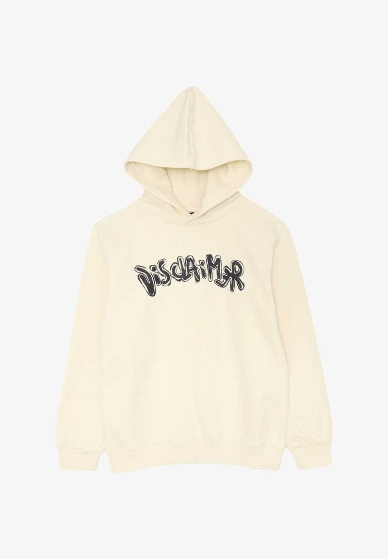 Felpa crema con cappuccio regolabile, caratterizzata da un grande grafico nero "Disclaimer" sulla parte anteriore. Tessuto morbido e texturizzato.