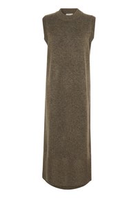Robe sans manches en tricot vert olive, avec un col haut, une coupe décontractée et une longueur d'ourlet arrière légèrement plus longue pour une silhouette allongée.
