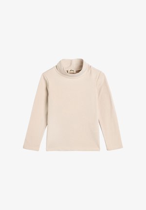Beige long-sleeve children's turtleneck shirt with a simple, smooth texture and no visible patterns or logos.