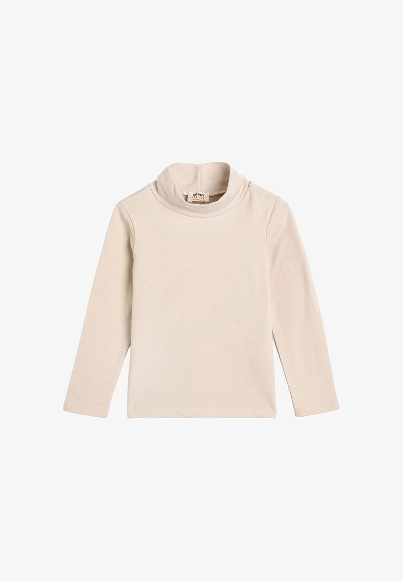 Beige long-sleeve children's turtleneck shirt with a simple, smooth texture and no visible patterns or logos.