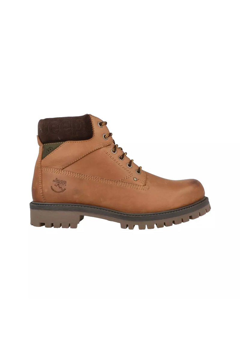 Stivale in pelle marrone con colletto imbottito marrone, design con lacci, suola in gomma con trazione e dettaglio del logo sul lato.