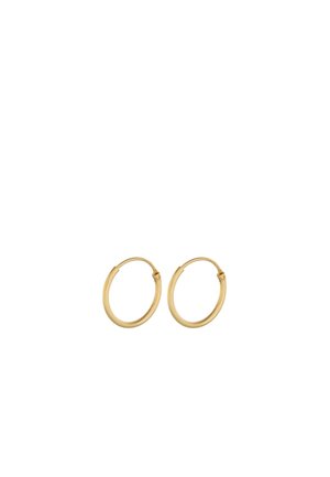 Paar kleine, glänzende goldene Creolen mit Klappverschlüssen, dargestellt vor einem schlichten weißen Hintergrund.