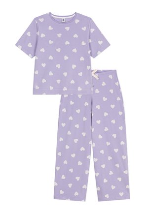 Completo pigiama viola con maglietta a maniche corte e pantaloni lunghi. Presenta fantasie a cuori bianche, tessuto morbido e una vita con cordoncino.