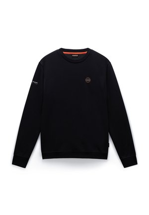 Sort sweatshirt lavet af blødt stof, med rund hals, lange ærmer og et lille rundt logo på brystet og ærmet.