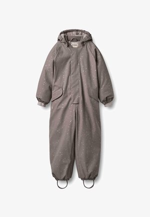 Grau Schneeanzug mit Sternenmuster, ausgestattet mit einer Kapuze, zwei Fronttaschen, elastischen Bündchen und Fußschlaufen für einen sicheren Sitz. Wasserdichtes Material.