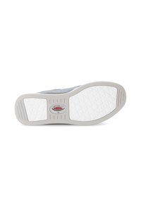Shoe sole featuring a textured white rubber base with a light gray accent, including a branded oval logo and traction patterns.