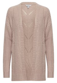 Ljusrosa cardigan av strukturerad stickad tyg. Har öppen front, långa ärmar och ett mönster med en subtil chevronmotiv.