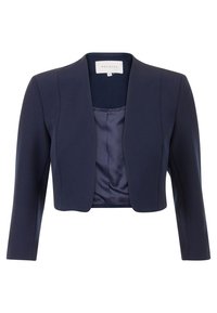 Námorně modrý cropped blazer s hladkou texturou, otevřeným předním designem, dlouhými rukávy a saténovou podšívkou. Na štítku je napsáno "PROMISS."