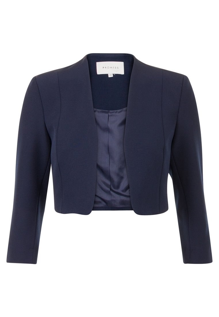 Námorně modrý cropped blazer s hladkou texturou, otevřeným předním designem, dlouhými rukávy a saténovou podšívkou. Na štítku je napsáno "PROMISS."