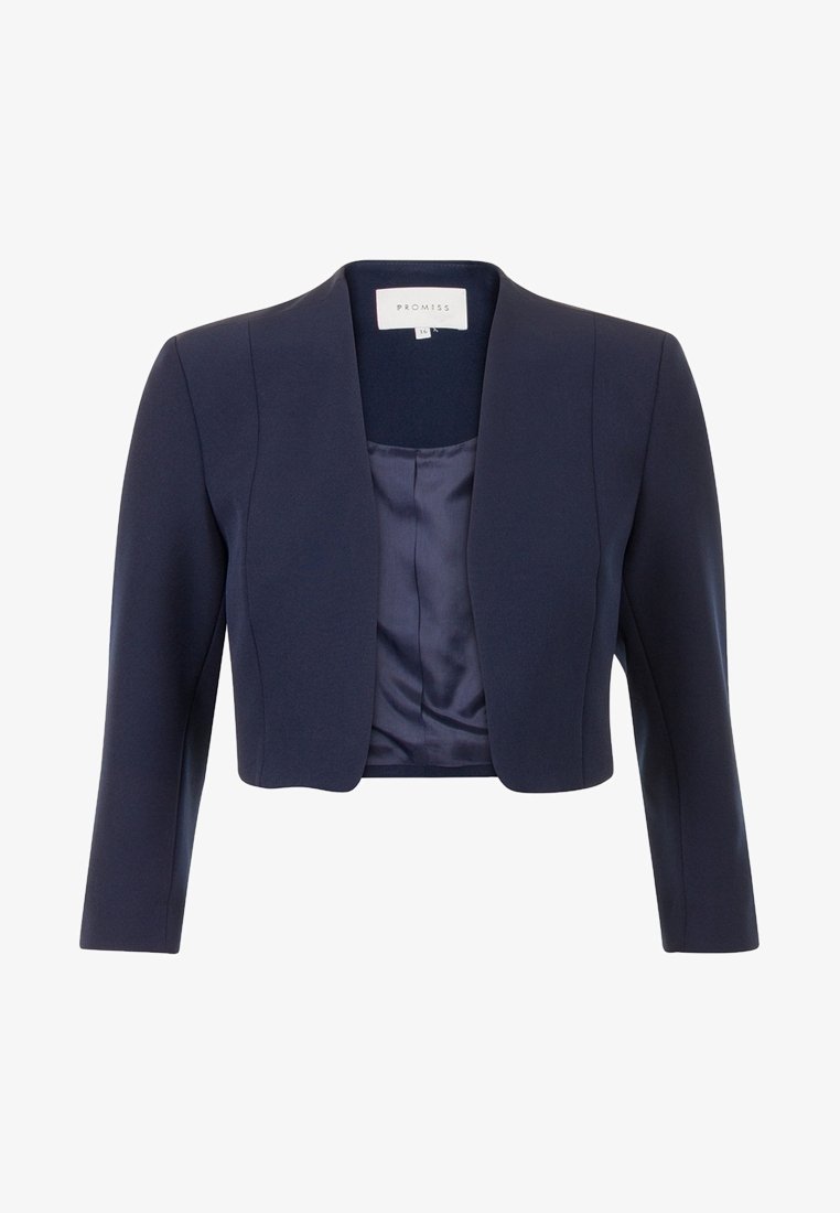 Námorně modrý cropped blazer s hladkou texturou, otevřeným předním designem, dlouhými rukávy a saténovou podšívkou. Na štítku je napsáno "PROMISS."