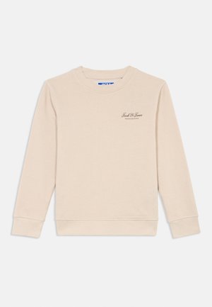 Beige Sweatshirt mit Rundhalsausschnitt und langen Ärmeln, mit kleinem Jack & Jones Logo auf der linken Brust, Rippbündchen an Ärmelenden und Saum.