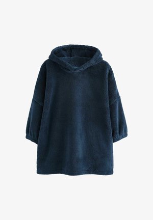 Dunkelblauer Kapuzenpullover aus weichem, strukturiertem Stoff. Verfügt über eine lockere Passform mit abfallenden Schultern und langen, geräumigen Ärmeln.