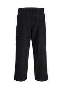 Μαύρο cargo παντελόνι φτιαγμένο από ανθεκτικό ύφασμα, διαθέτει πλαϊνές τσέπες, μια πίσω τσέπη και σχεδίαση με ίσια πόδια. Χωρίς ορατά διακοσμητικά στοιχεία.