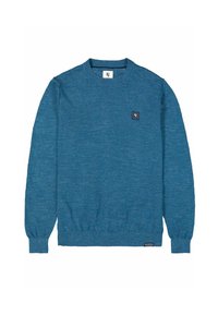 Blauwe lange mouwen crewneck trui met geribde manchetten en onderzijde, kleine vierkante logopatch op de borst en merklabel nabij de onderkant.