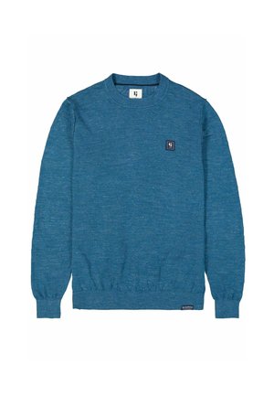Suéter azul de manga larga y cuello redondo con puños y dobladillo acanalados, pequeño parche de logotipo cuadrado en el pecho y etiqueta de la marca cerca del dobladillo.