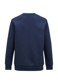 Sudadera azul marino con cuello redondo, mangas largas, puños y dobladillo de canalé. Textura suave, diseño sencillo, sin patrones ni logotipos visibles.