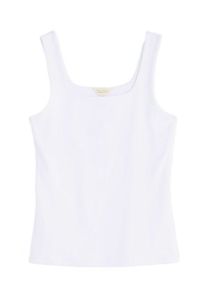 Valkoinen tank top, joka on valmistettu sileästä kankaasta, sisältää neliön muotoisen pääntien ja leveät hihnat, joissa on vartalonmyötäinen siluetti. Tägi näkyy pääntien sisäpuolella.