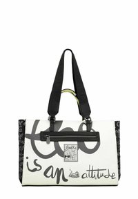 Schwarz-weiße Tragetasche mit Textgrafiken. Verfügt über eine Reißverschlusstasche, stabile Schultergurte und eine Kombination aus glatten und strukturierten Oberflächen.