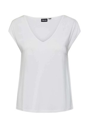 T-shirt blanc à col en V avec des manches courtes, fabriqué en tissu lisse. Présente une coupe décontractée et un design simple sans motifs ni accents.