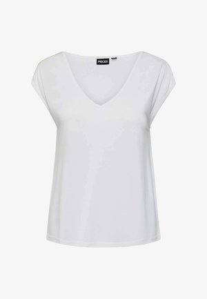 T-shirt blanc à col en V avec des manches courtes, fabriqué en tissu lisse. Présente une coupe décontractée et un design simple sans motifs ni accents.