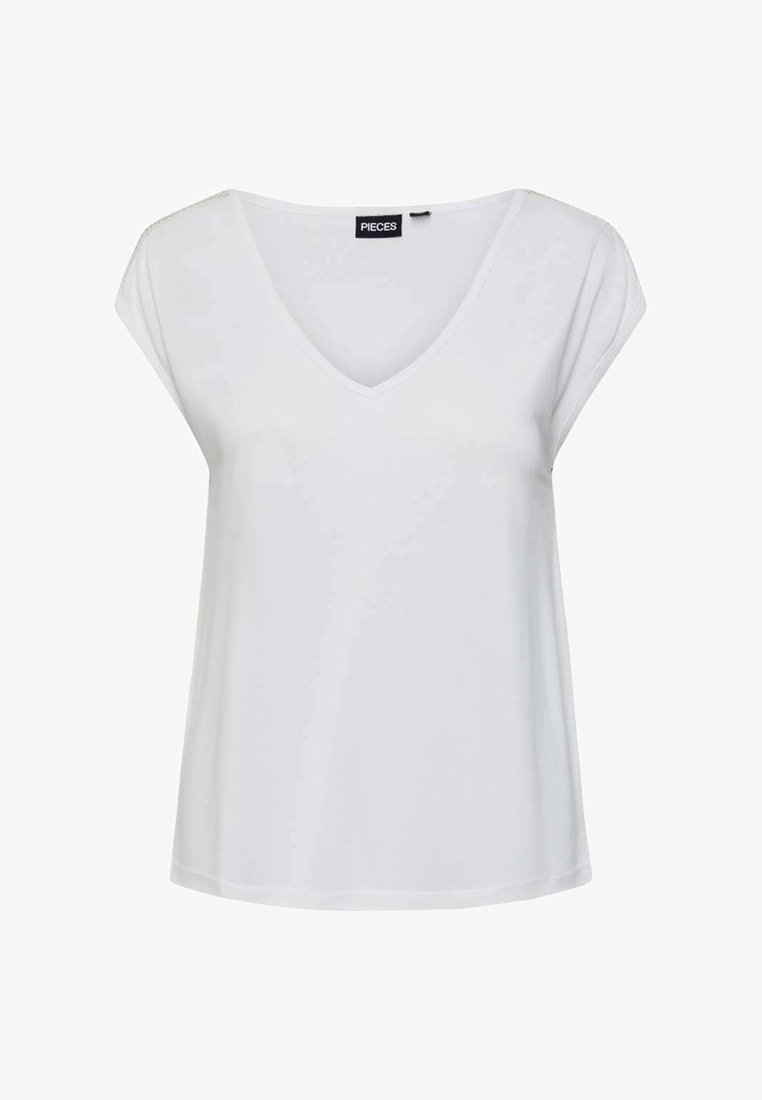 T-shirt blanc à col en V avec des manches courtes, fabriqué en tissu lisse. Présente une coupe décontractée et un design simple sans motifs ni accents.