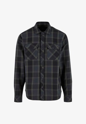 Dark green and black plaid long-sleeve button-up shirt with two front buttoned chest pockets and a classic collar.