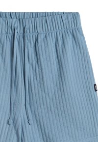 Light blue ribbed shorts with an elastic waistband and drawstring. Features a fabric tag on the side for brand identification.