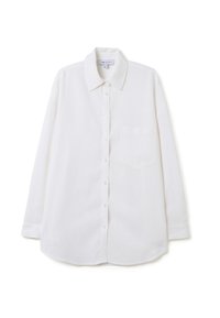 Camisa blanca de manga larga, tipo camisa, hecha de un tejido ligero. Presenta un cuello clásico, un bolsillo frontal y una textura suave.