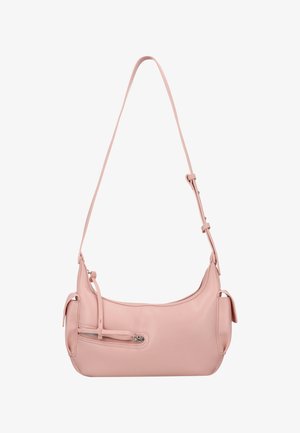Rózsaszín bőr válltáska egy állítható pánttal, cipzáras elülső zsebbel, sima felülettel és lekerekített formával.