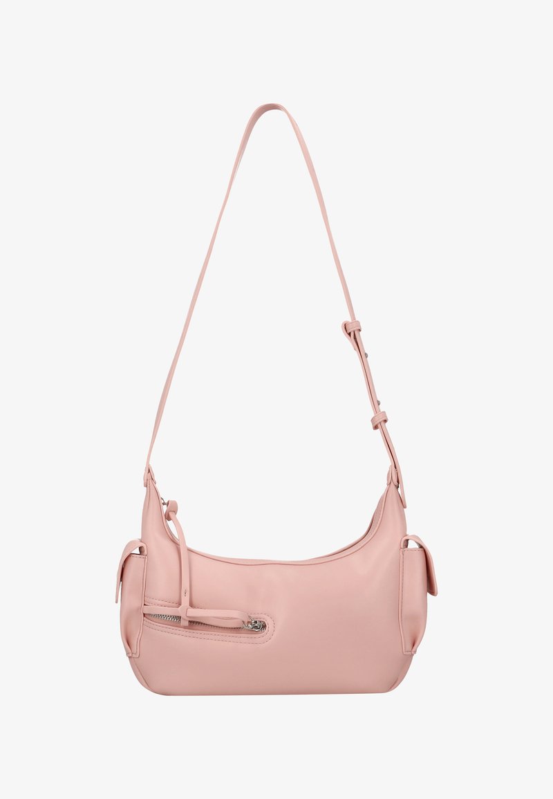 Borsa a spalla in pelle rosa con tracolla singola regolabile, tasca frontale con cerniera, texture liscia e forma arrotondata.