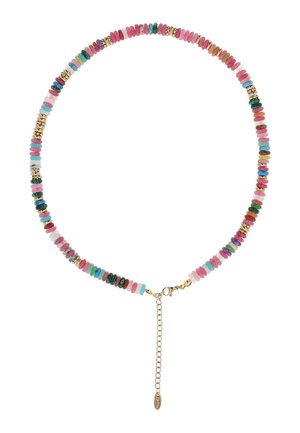 Colier tip choker cu mărgele mici rotunde multicolore și mărgele spațiere aurii, încheiat cu o închizătoare aurie și un lanț reglabil.