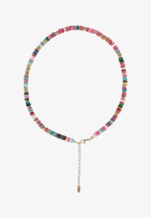 Halskette als Choker mit kleinen, runden, mehrfarbigen Perlen und goldenen Abstandperlen, befestigt mit einem goldenen Verschluss und verstellbarer Kette.