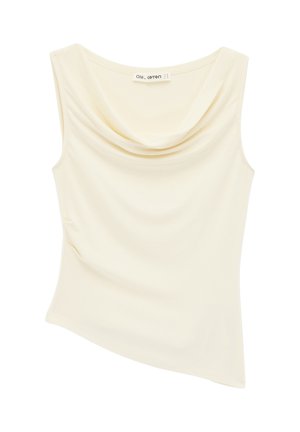 Ärmelloses cremefarbenes Oberteil mit drapiertem Wasserfallausschnitt und asymmetrischem Saum, aus glattem Stoff, flach aufgelegt.